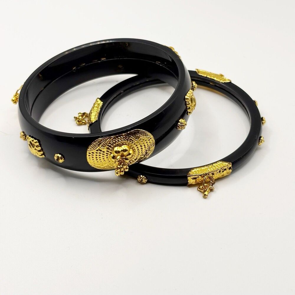Black Plastic Bangles Gold Tone Details Indian Bengali Aesthetic Pola Badhano